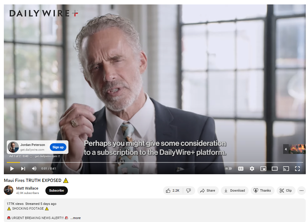 Jordan Peterson in an ad for his Daily Wire show on a conspiracy YouTube video