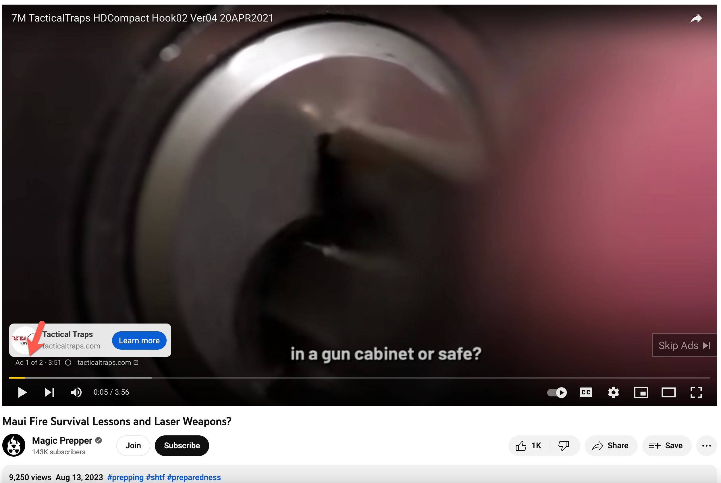 Ad for a gun safe cabinet on a YouTube video 
