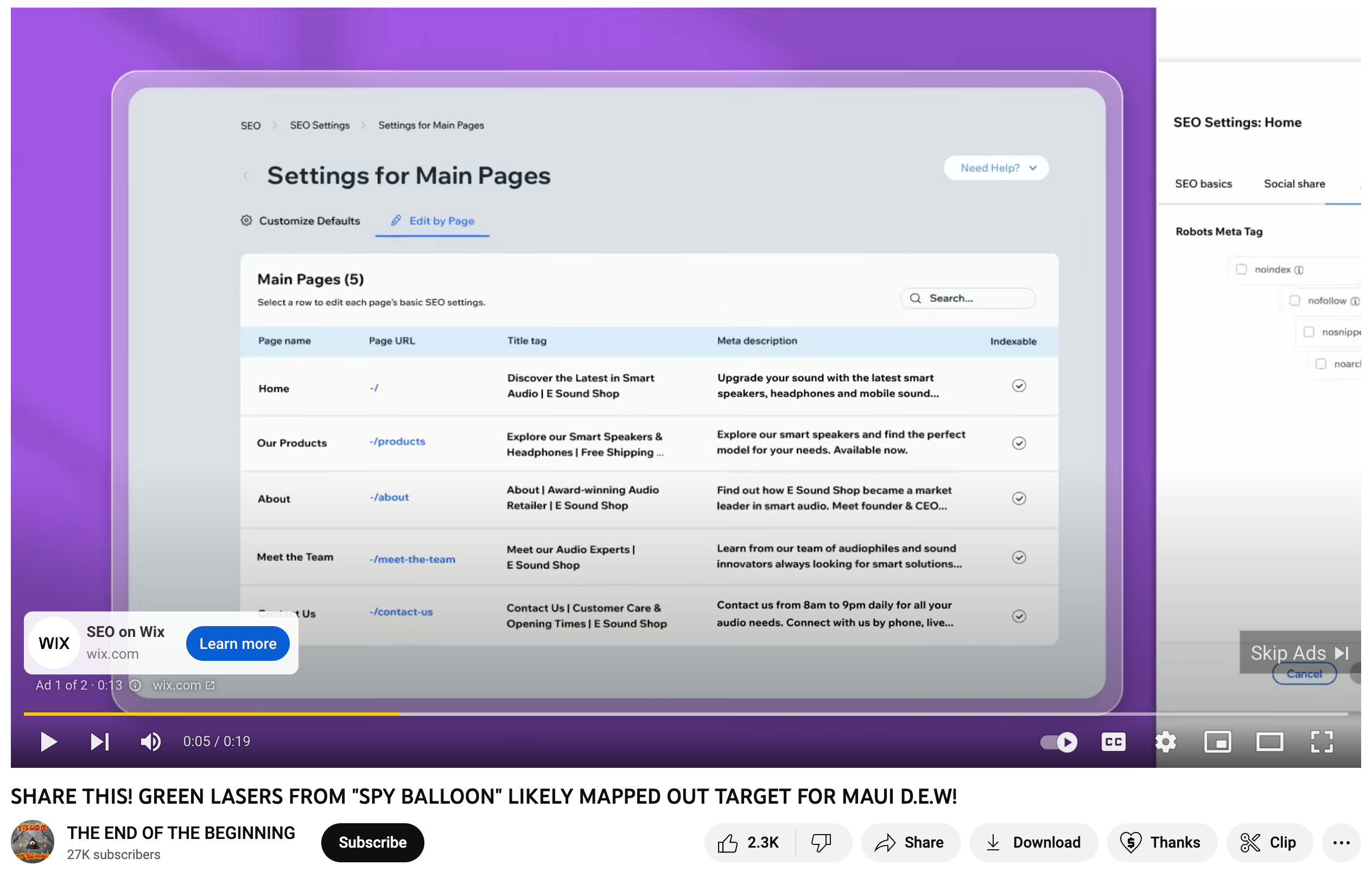 screen shot of a Wix ad on a video entitled SHARE THIS! GREEN LASERS FROM “SPY BALLOON LIKELY MAPPED TARGET FOR MAUI D.E.W! 