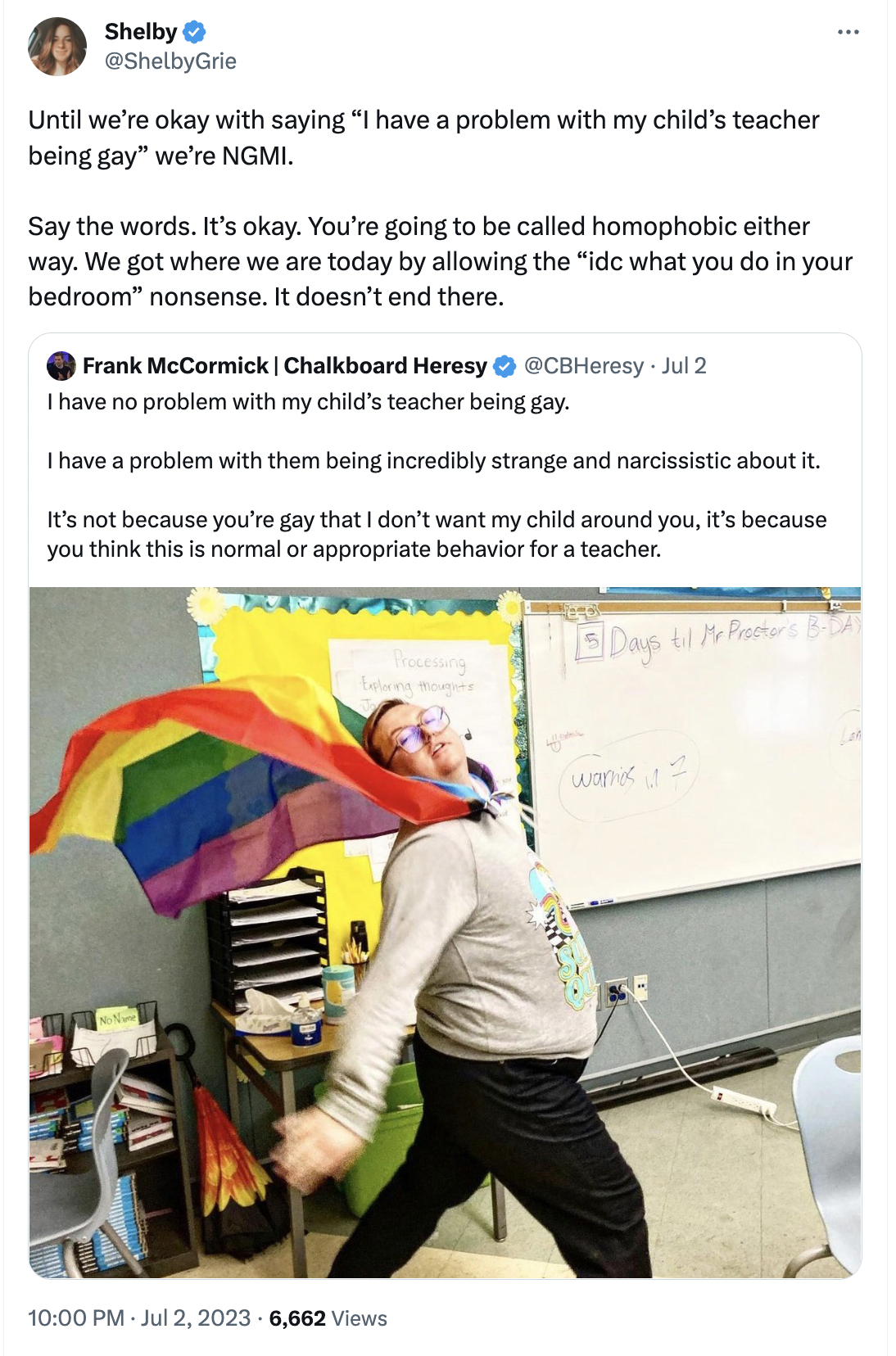 Until we’re okay with saying “I have a problem with my child’s teacher being gay” we’re NGMI.   Say the words. It’s okay. You’re going to be called homophobic either way. We got where we are today by allowing the “idc what you do in your bedroom” nonsense. It doesn’t end there.