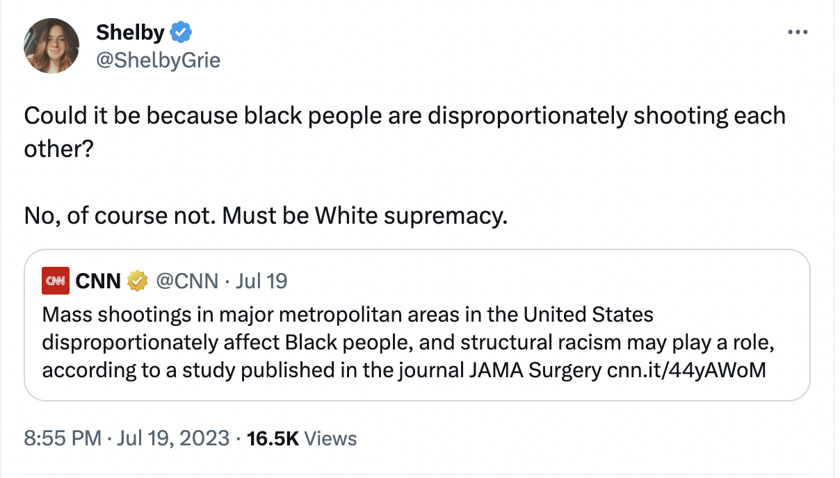 Could it be because black people are disproportionately shooting each other?  No, of course not. Must be White supremacy.