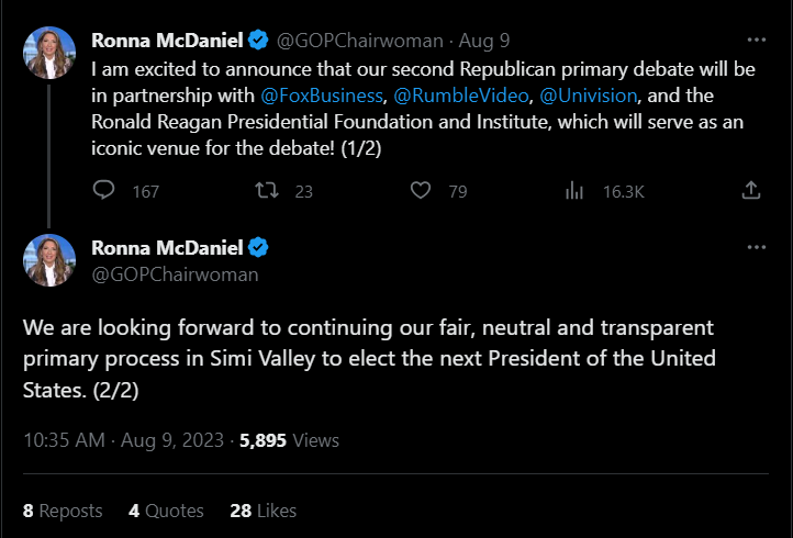 Ronna McDaniel tweet announcing Rumble debate 2