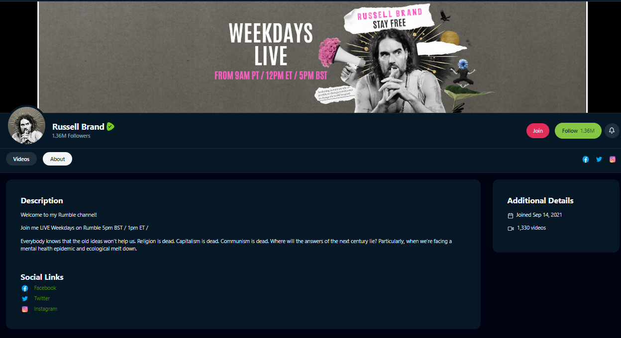 Russell Brand Rumble about page 20230821