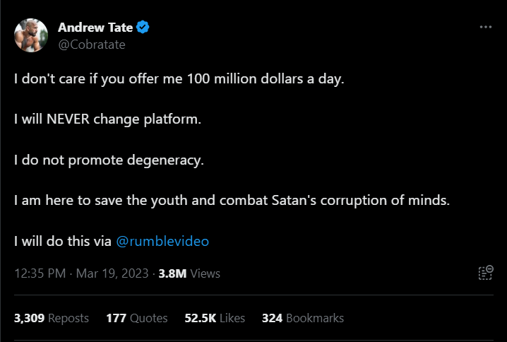 Tate tweet promoting Rumble