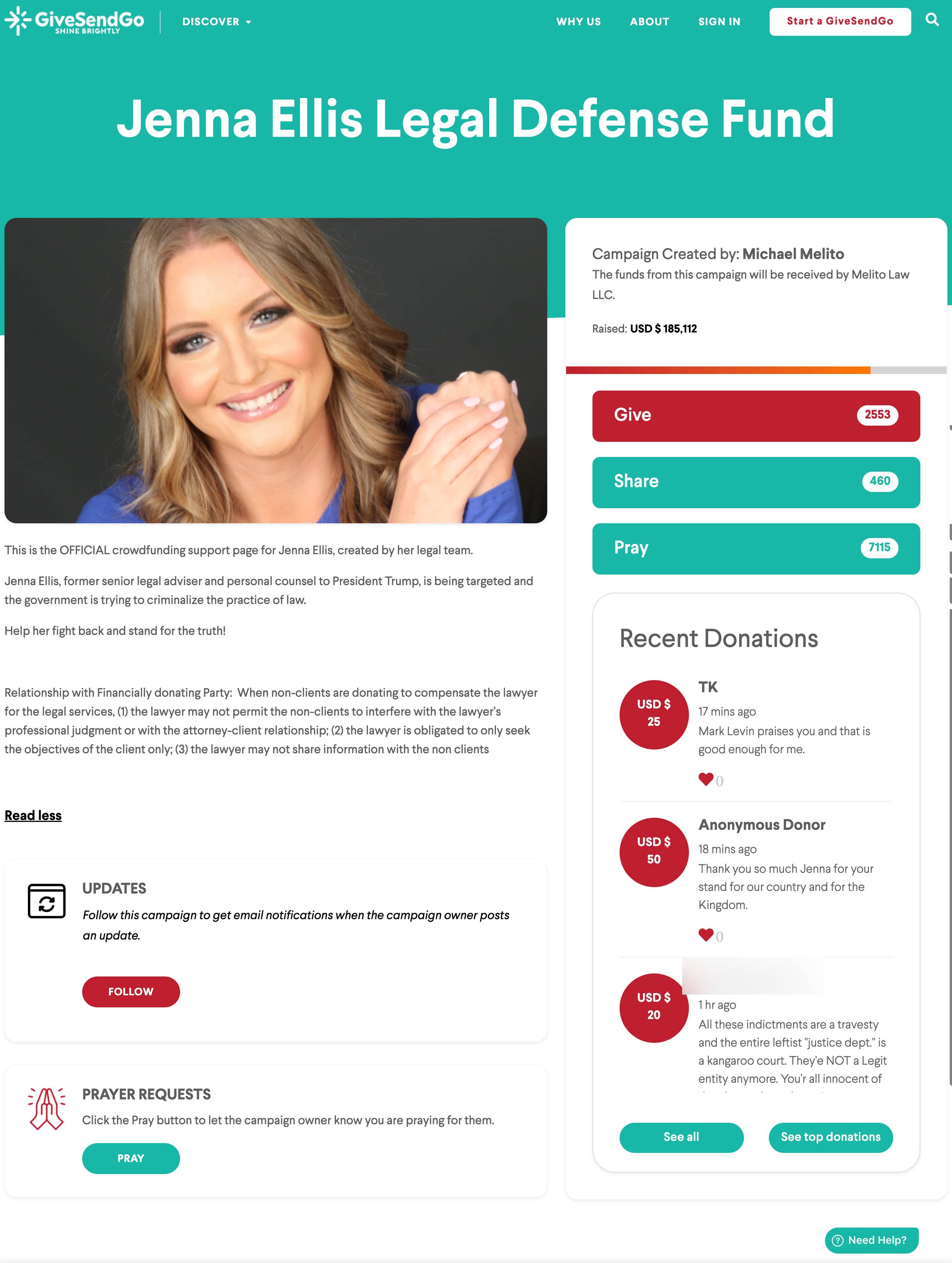 Jenna Ellis givesendgo page