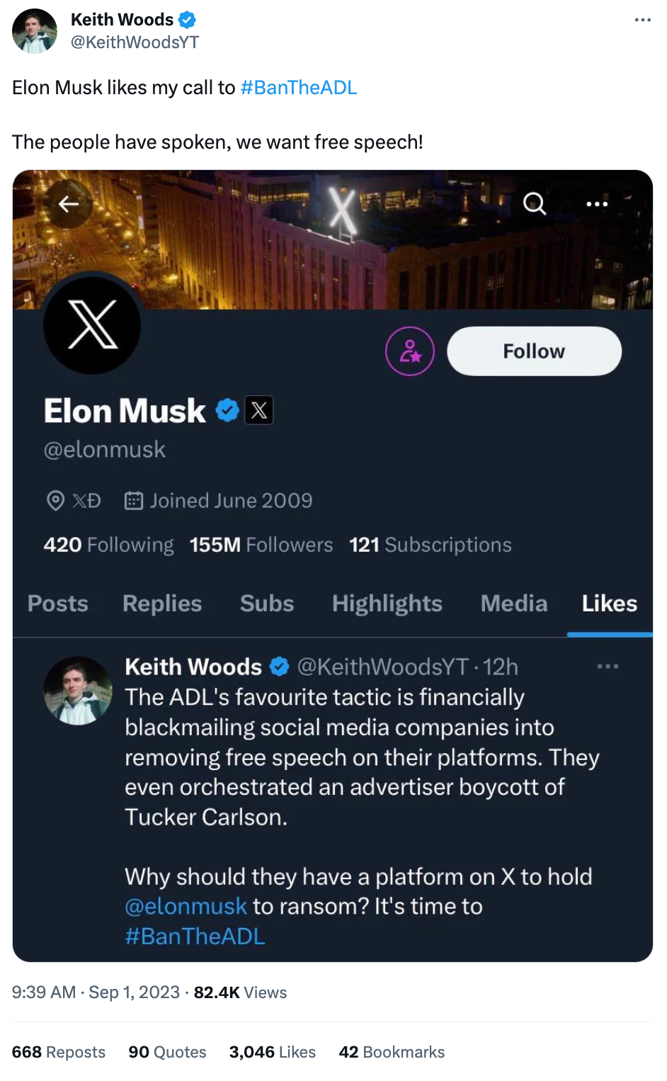 Woods bragging Musk likes tweet