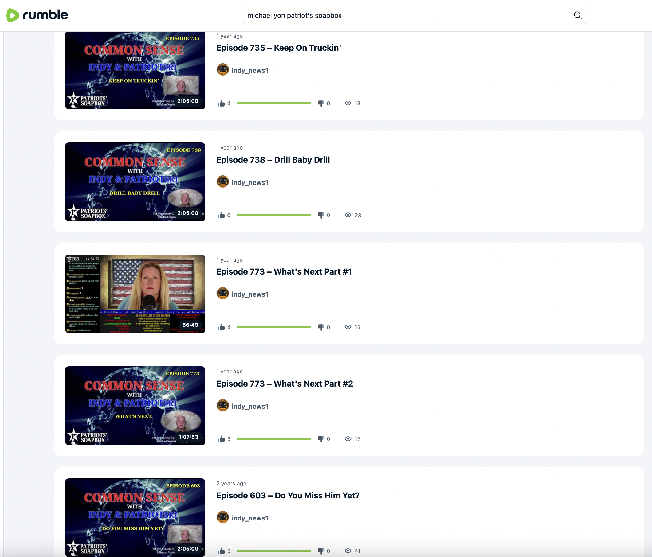 A screenshot showing Michael Yon appeared on five episodes across four appearances on Patriot's Soapbox