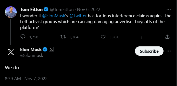 Musk agrees with Tom Fitton about legal options against the ADL