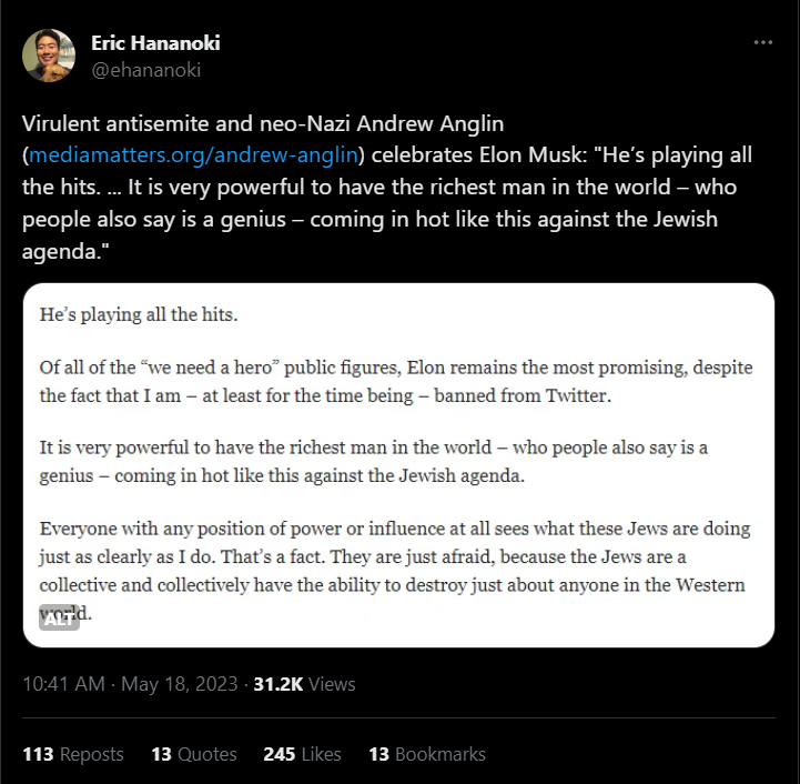 Hananoki Anglin/Musk tweet