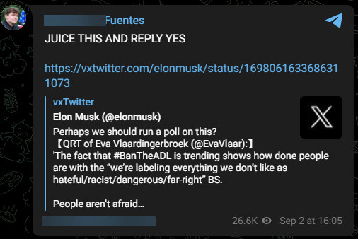 A screenshot of a Telegram post from Fuentes