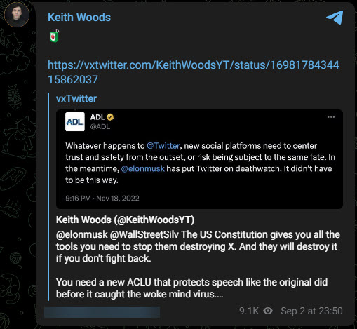 A screenshot of a Telegram post from Woods