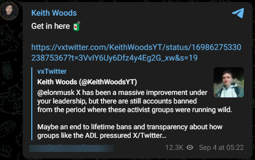 A screenshot of a Telegram post from Woods
