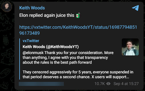 A screenshot of a Telegram post from Woods