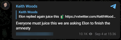 A screenshot of a Telegram post from Woods