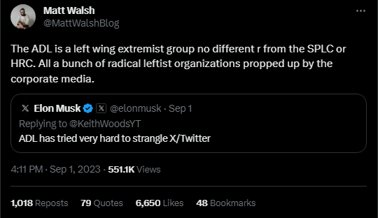 A screenshot of a tweet from Matt Walsh 