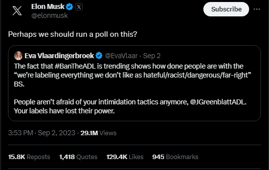 A screenshot of a tweet from Elon Musk