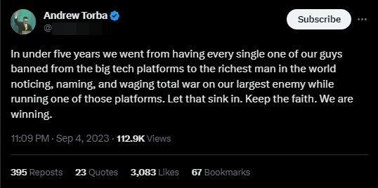 A screenshot of a tweet from Torba