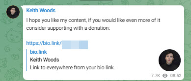 A screenshot of a Telegram post from Woods