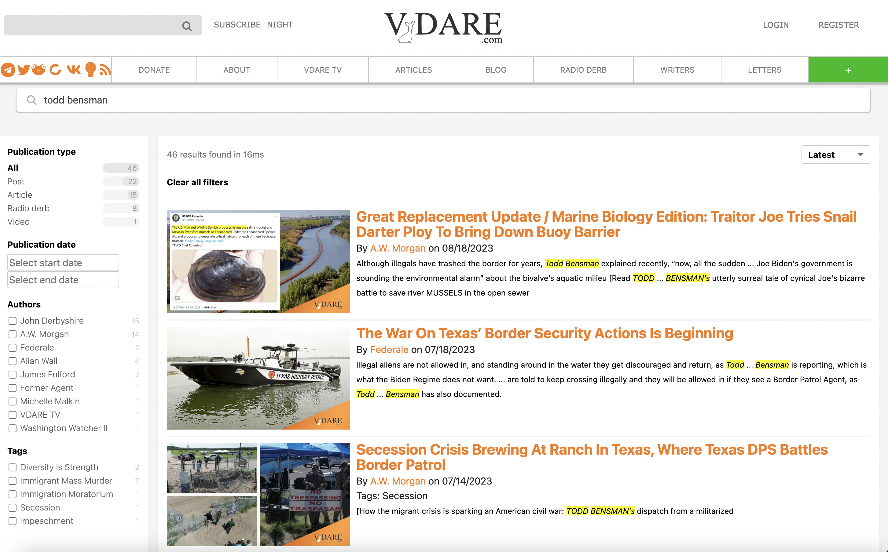 A search of the archives of VDare showing 46 results for Todd Bensman