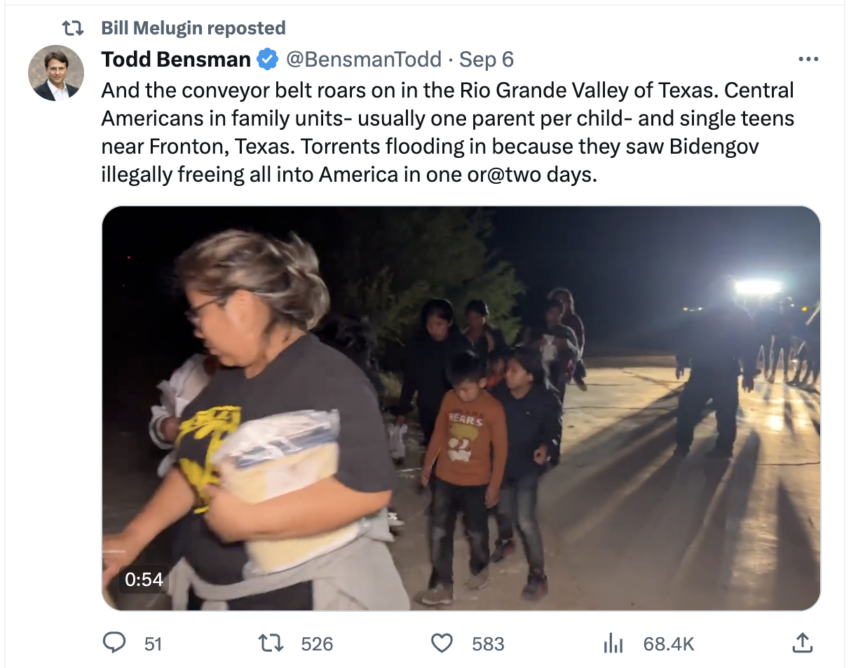 A screenshot showing Bill Melugin reteweeting Todd Bensman