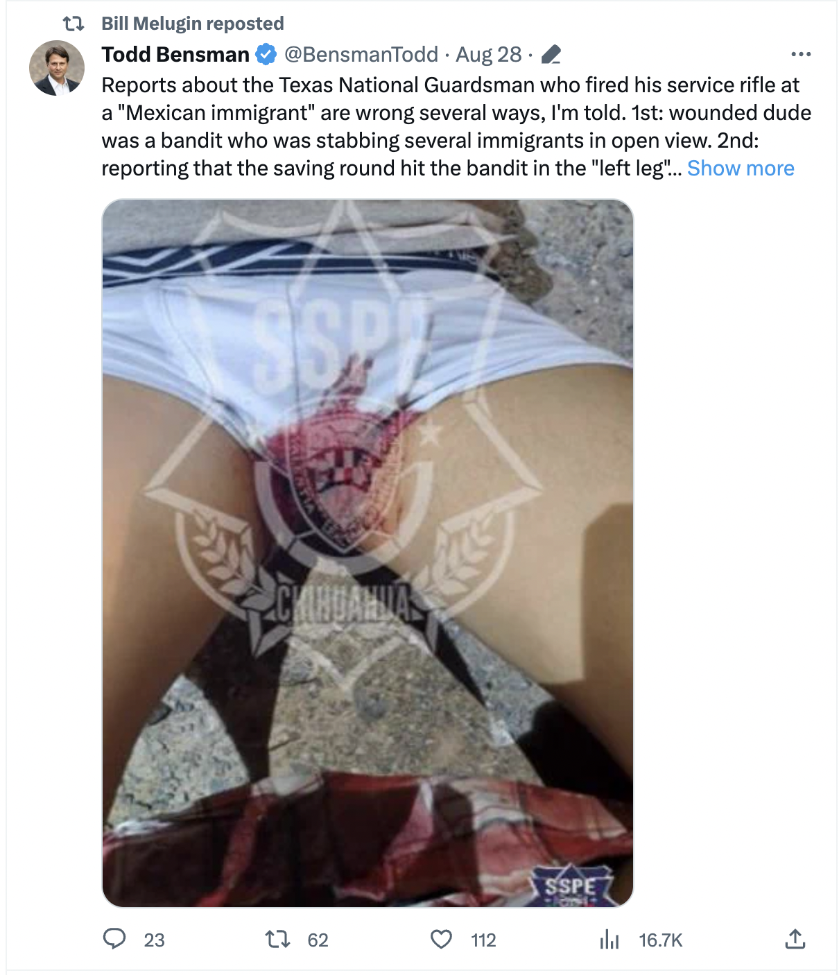 A screenshot showing Bill Melugin reteweeting Todd Bensman