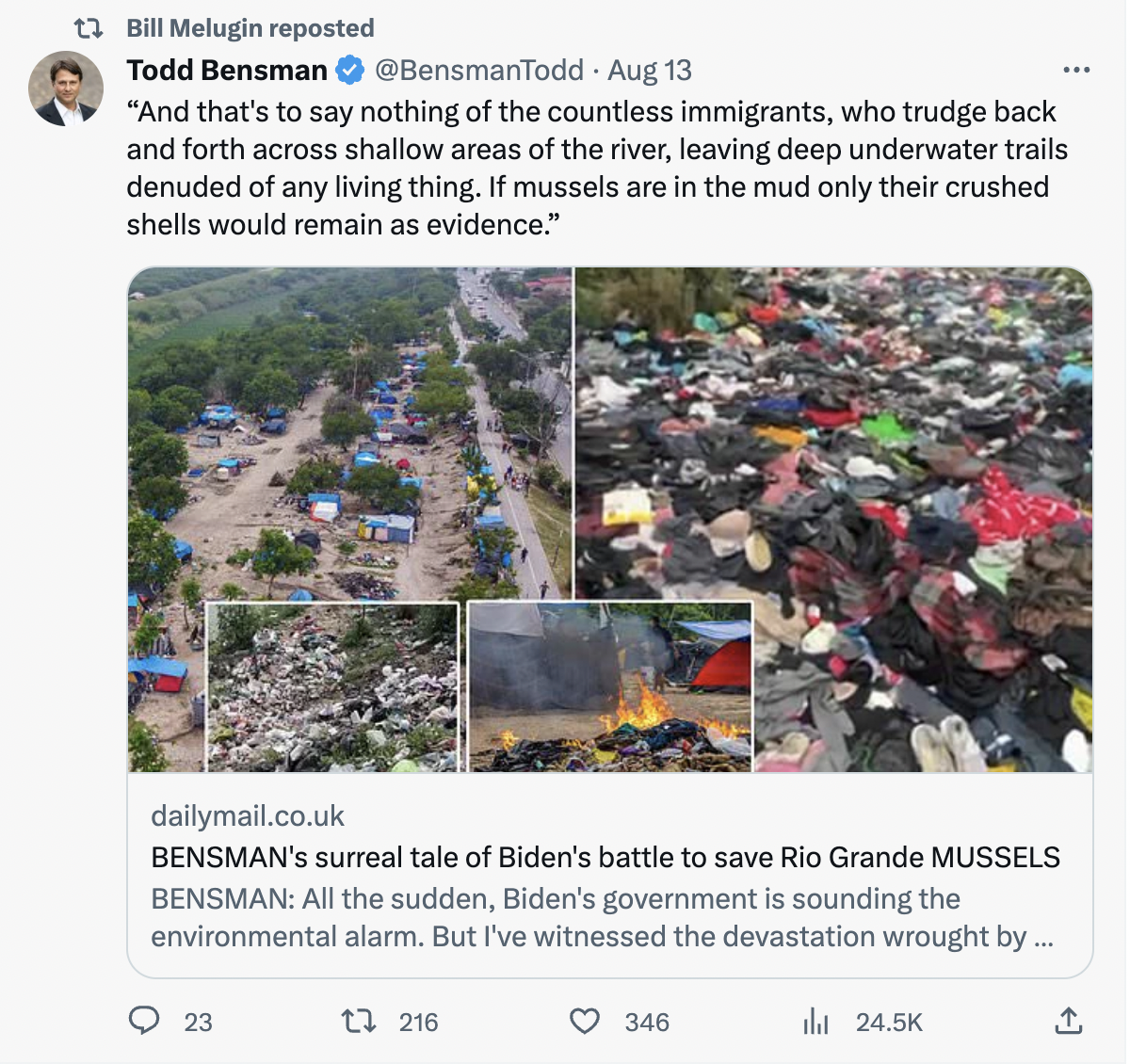 A screenshot showing Bill Melugin reteweeting Todd Bensman