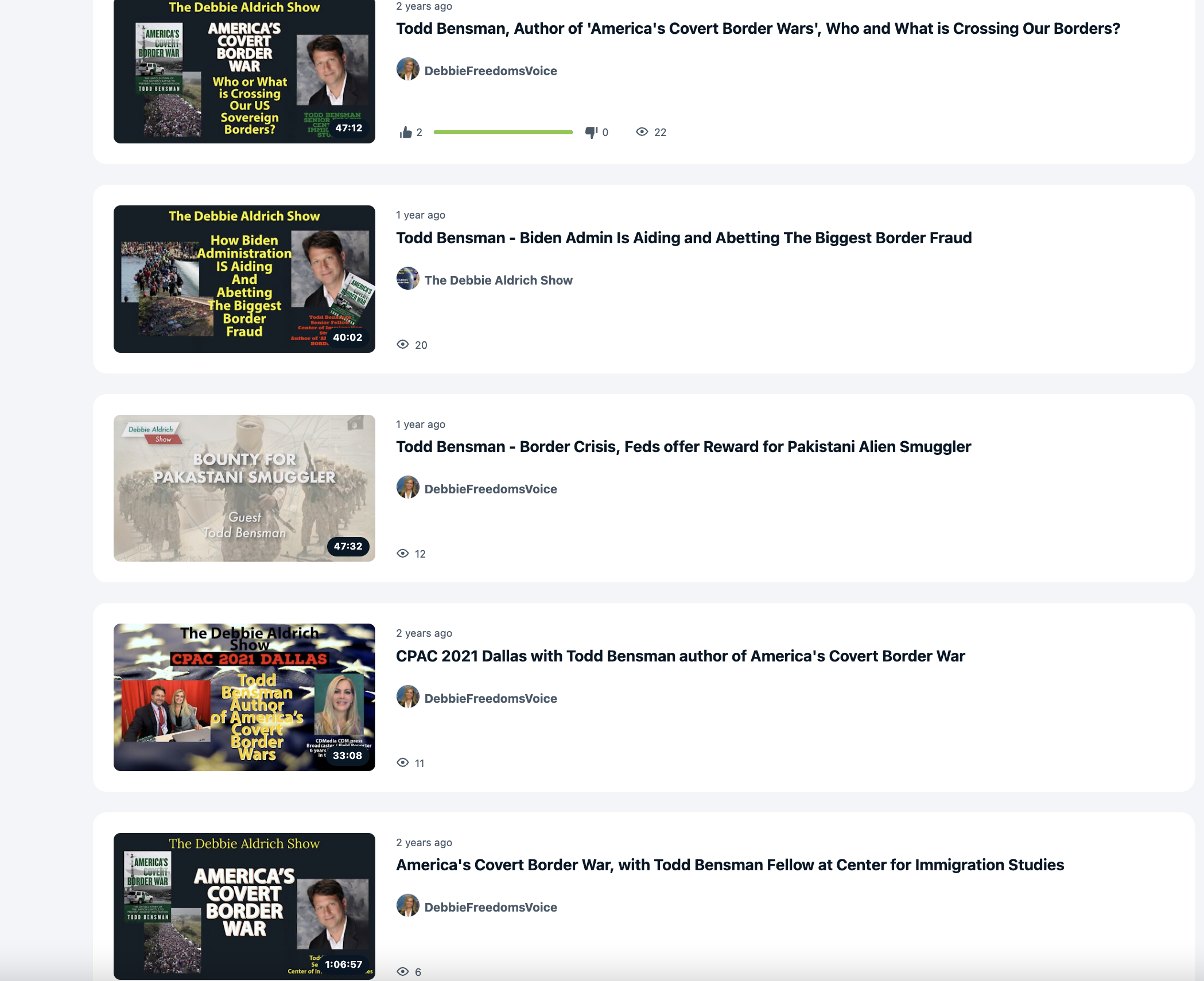 A screenshot showing Todd Bensman appearing 5 times on Debbie Aldrich's show