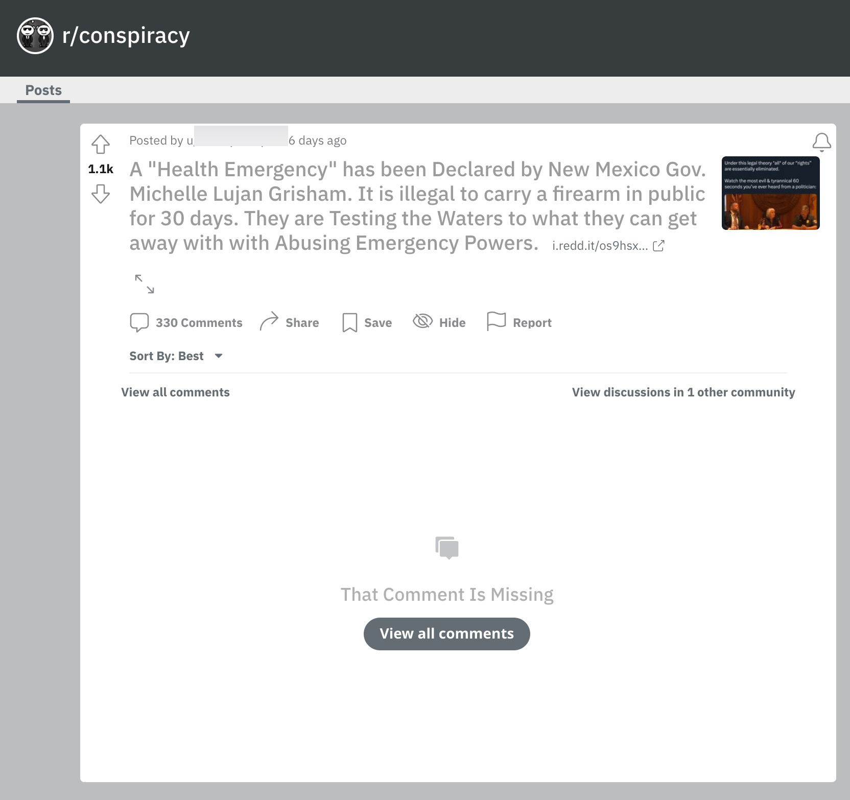 Reddit post from r/conspiracy that now says “That Comment Is Missing”