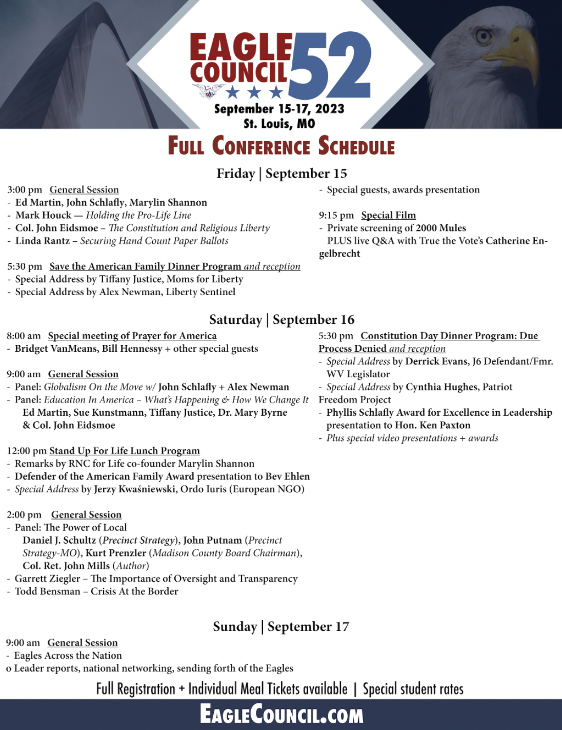 Speakers list Schlafly Eagles Council 9/15/23