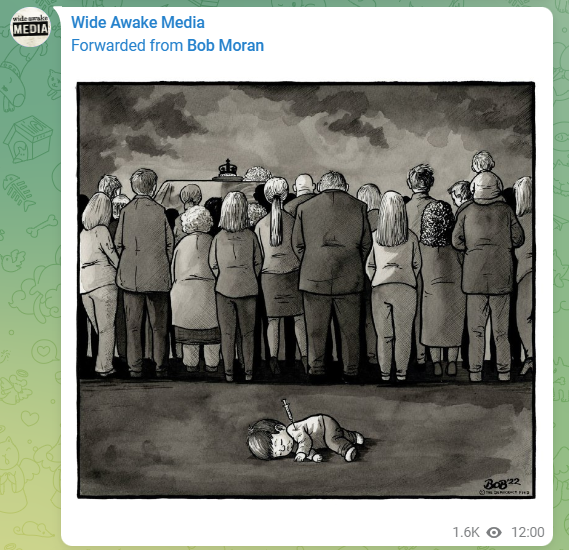 Drawing of a child lying on the ground with a syringe in him while a crowd of adults are turned away 