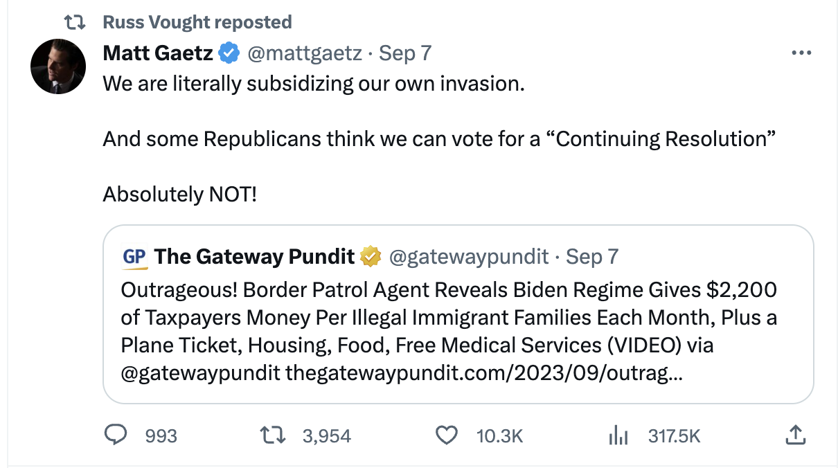 Rep Matt Gaetz writes: we are literally subsidizing our own invasion