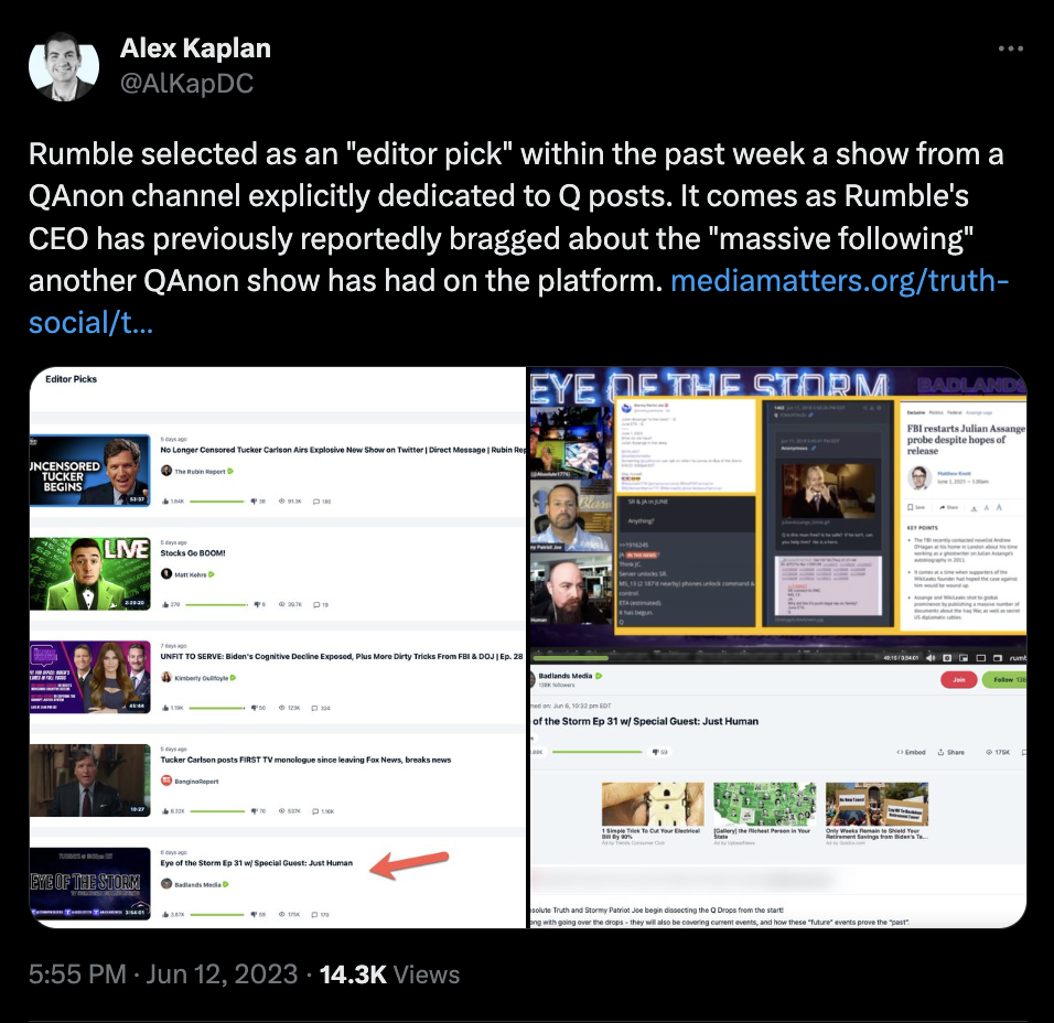 Alex K tweet about QAnon in editor picks on Rumble