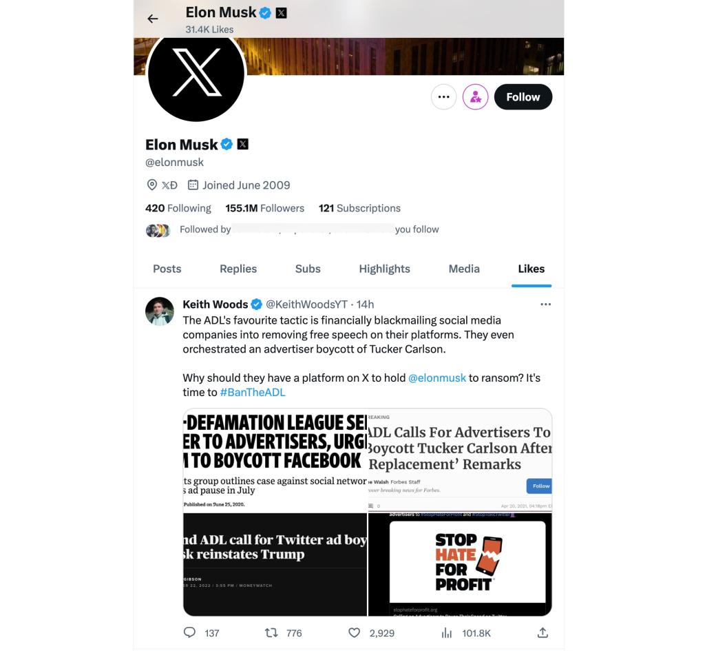 A screenshot of Musk liking one of Woods posts 