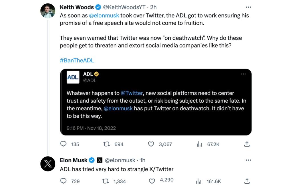 A screenshot of Musk replying to Woods on X