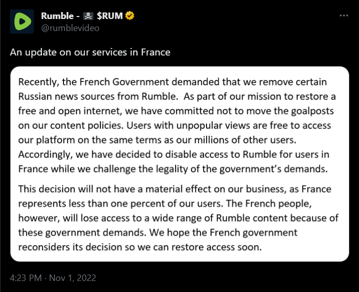 Rumble tweet about France