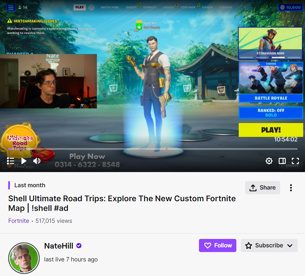 Streamer Nate Hill playing Shell Ultimate Road trips  