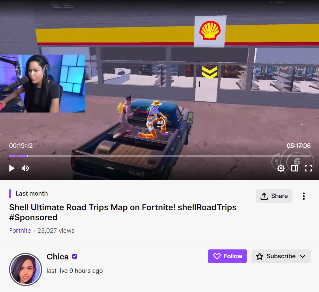 Screenshot of streamer Chica playing Shell Ultimate Road Trips map on Fortnite 