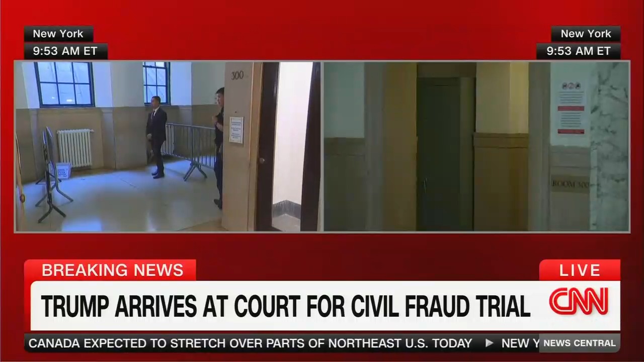 CNN showing a side-by-side of two angles of the same Manhattan courthouse hallway, chyron reads "Breaking News: Trump arrives at court for civil fraud trial"