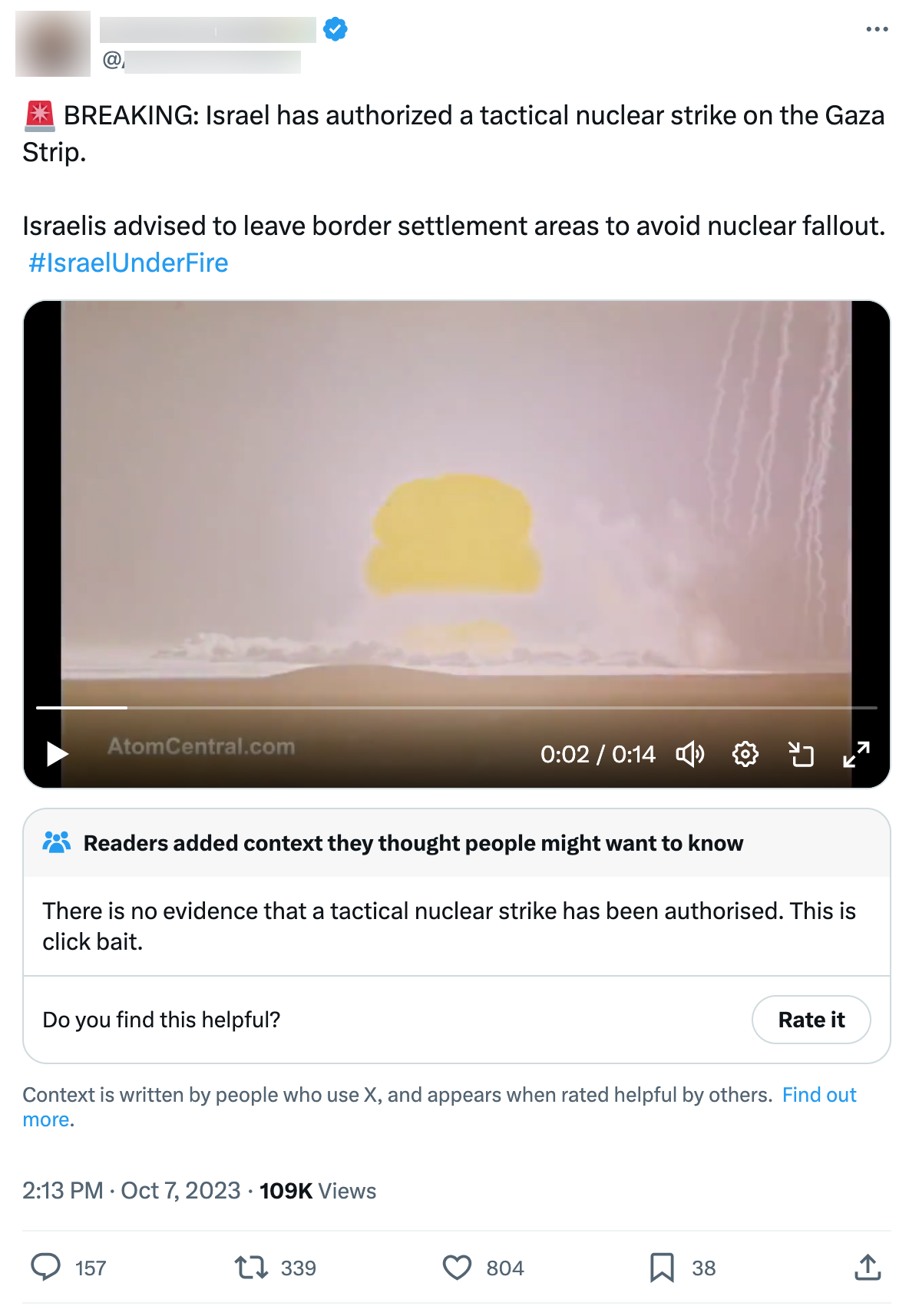 Social media post that reads "BREAKING: Israel has authorized a tactical nuclear strike on the Gaza Strip."