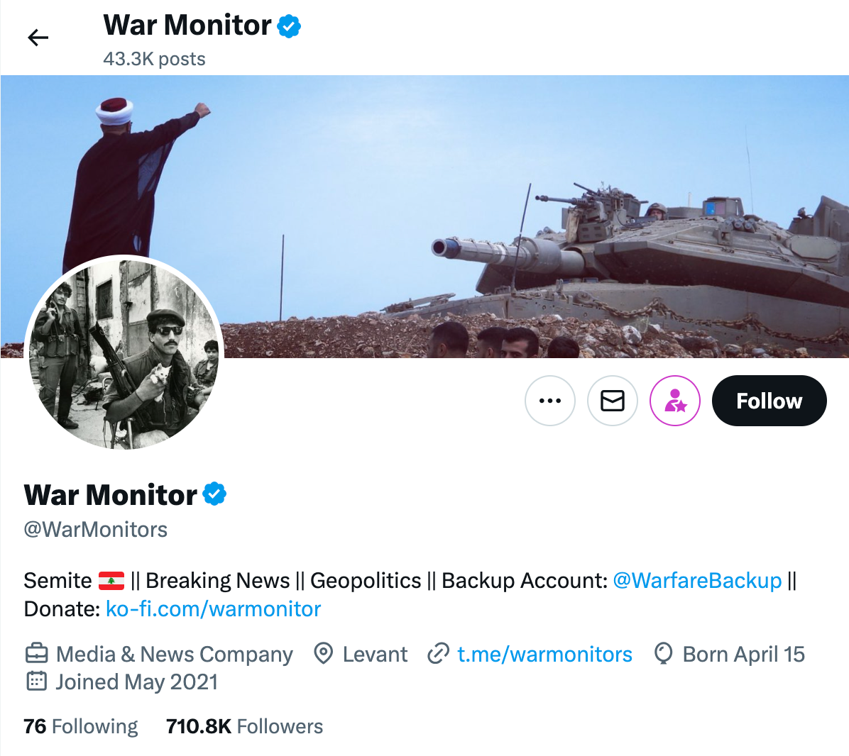 The @WarMonitors account shows 711.1K followers
