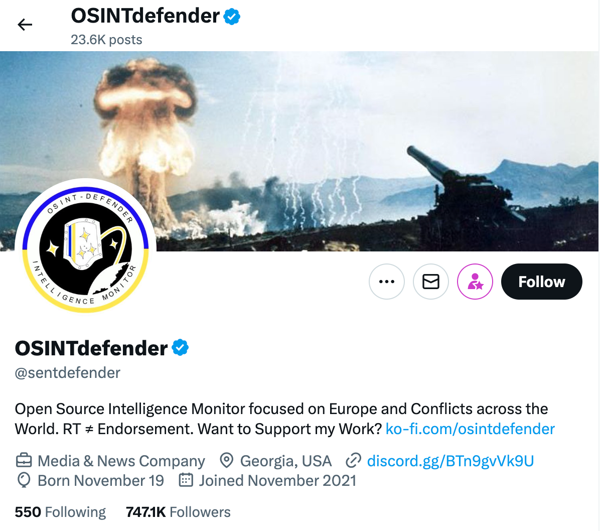 The X profile for @sentdefender shows 747k followers
