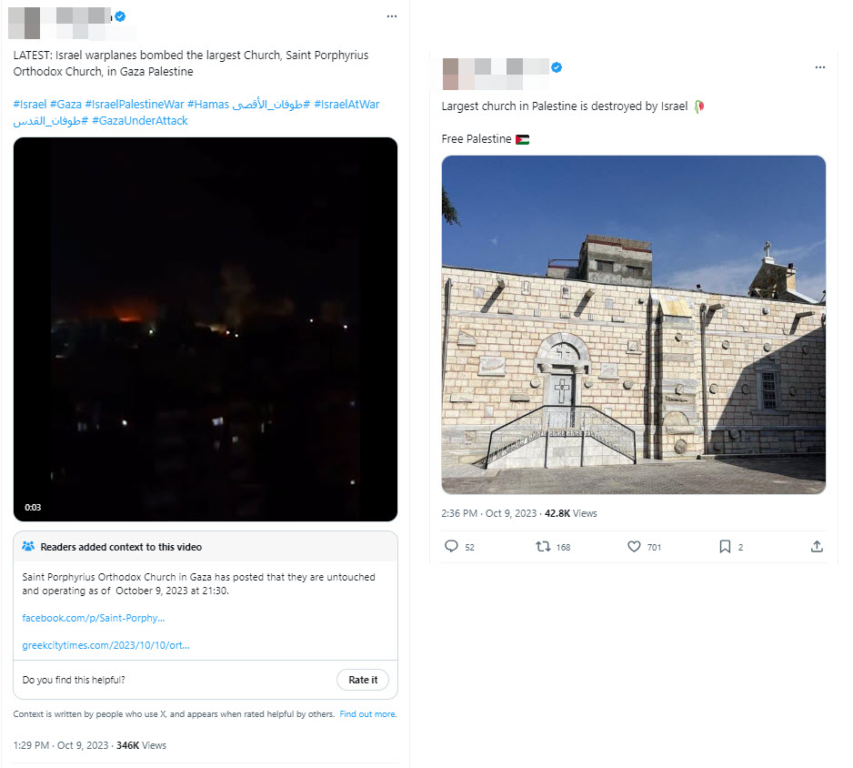 A screenshot of posts from verified users claiming that "the largest church in Palestine" was destroyed 