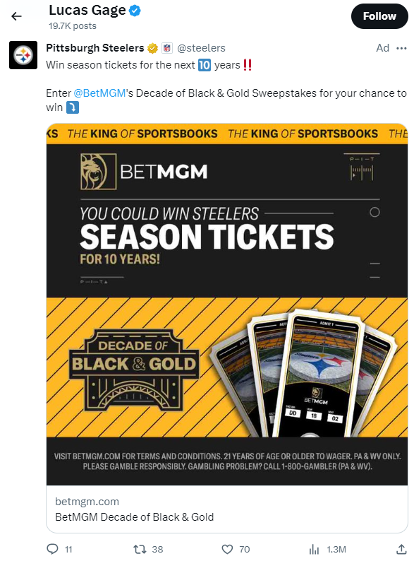 Lucas Gage and the Pittsburgh Steelers / BetMGM