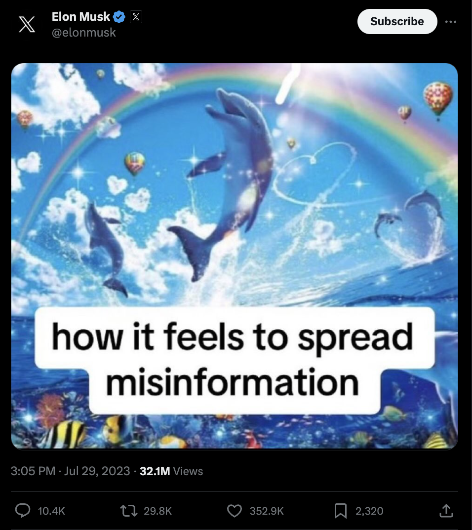 Musk tweeting meme about how it feels to post misinformation
