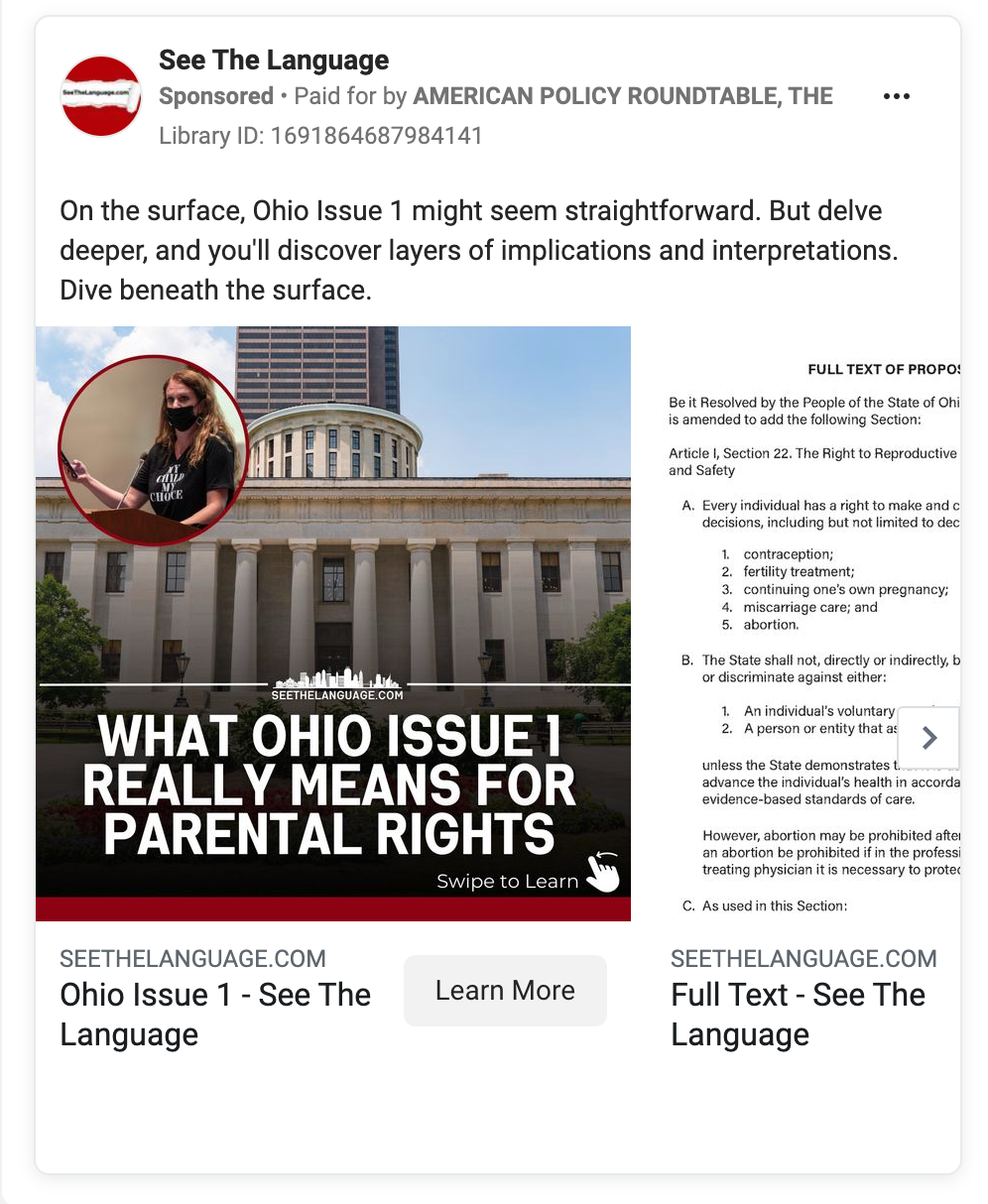 A Meta ad from See the Language reads "On the surface, Ohio Issue 1 might seem straightforward. But delve deeper, and you'll discover layers of implications and interpretations. Dive beneath the surface."