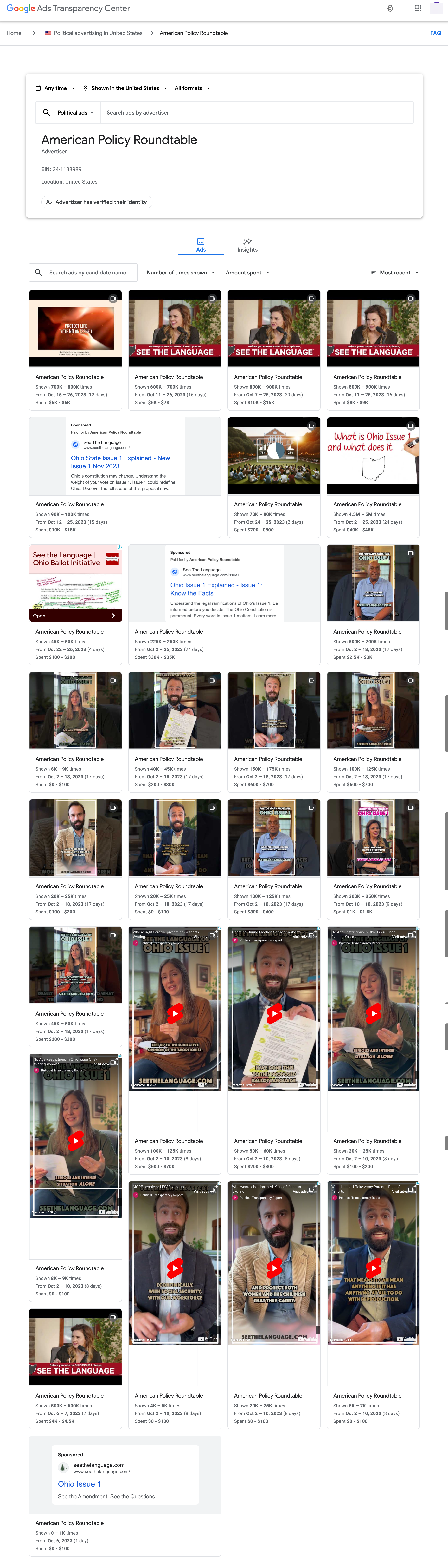 Google Ad Transparency Center page for the American Policy Roundtable