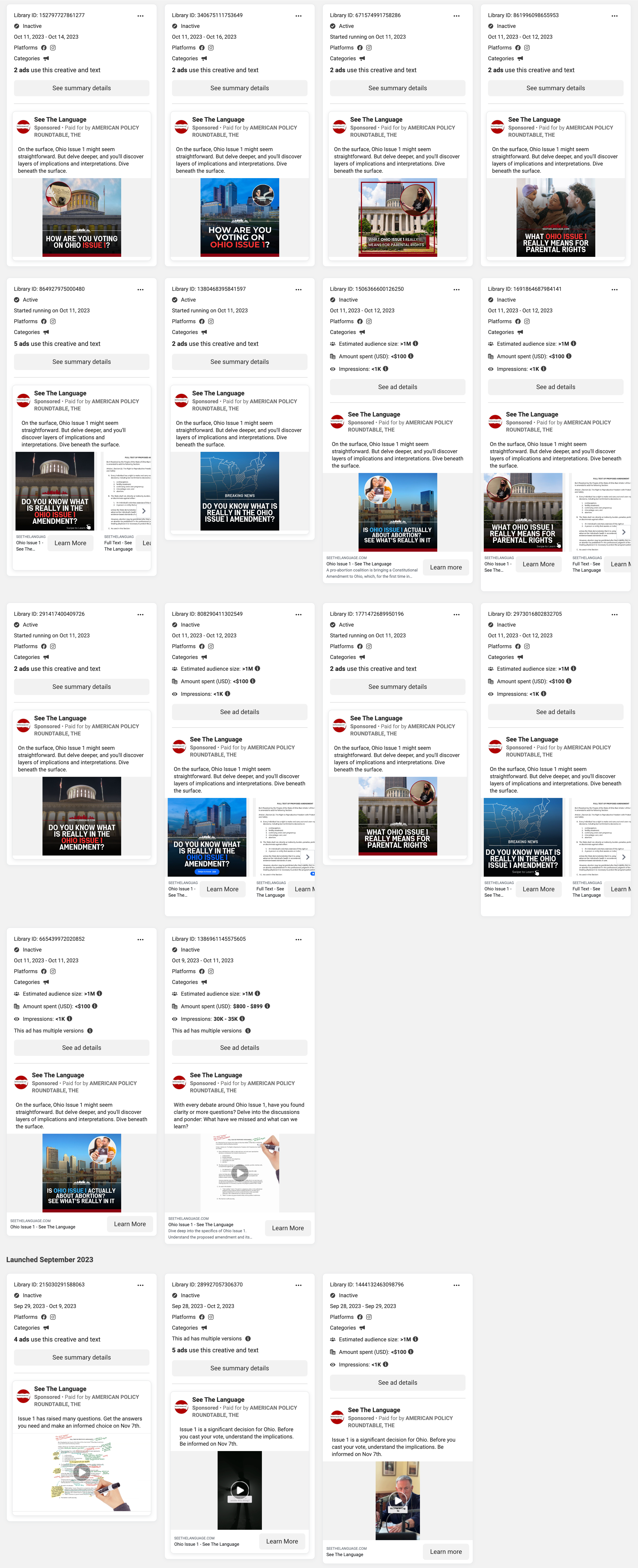 Screenshot of the Meta Ad Library's collection of See the Language ads