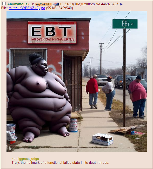 Racist meme depicting African Americans outside a foodstamp market as well as a crude depiction of a naked woman, description including racial slurs 