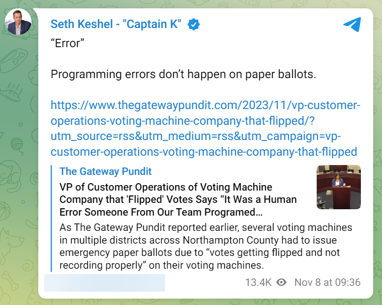 Seth Keshel telegram PA voting post
