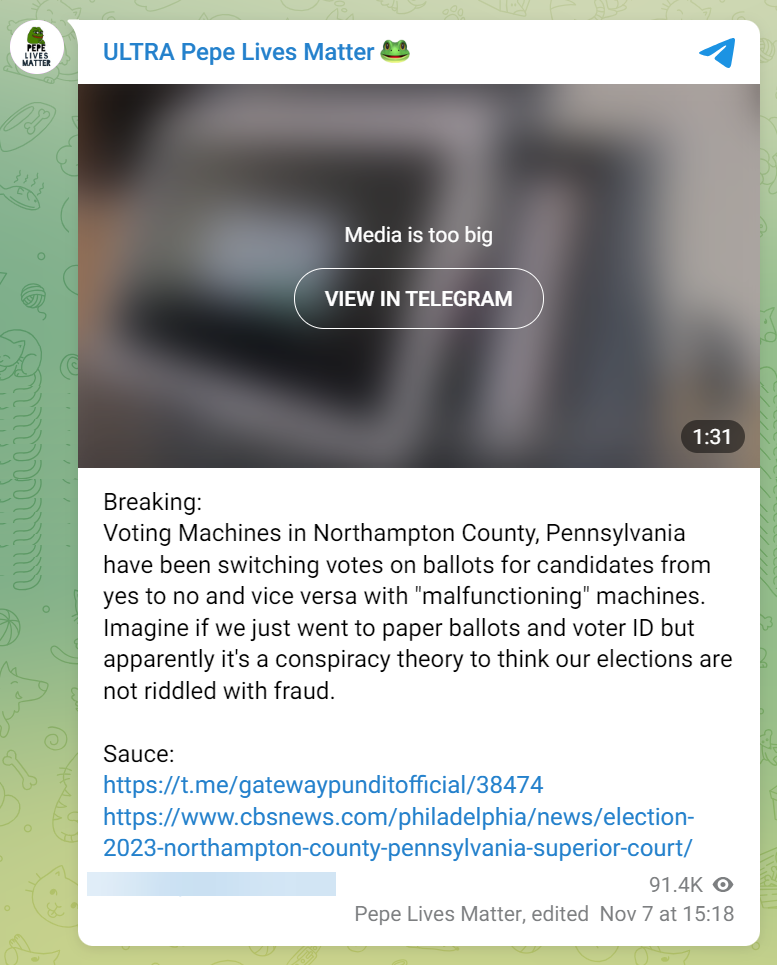 Ultra Pepe Lives Matter Telegram post about PA voting machines